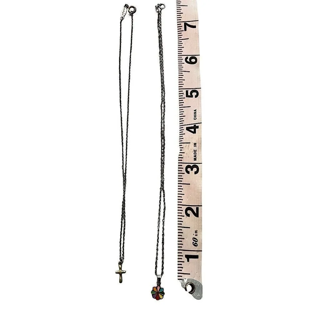 2 Sterling Silver Children’s Necklaces - Cross & Colorful Flower Pendants